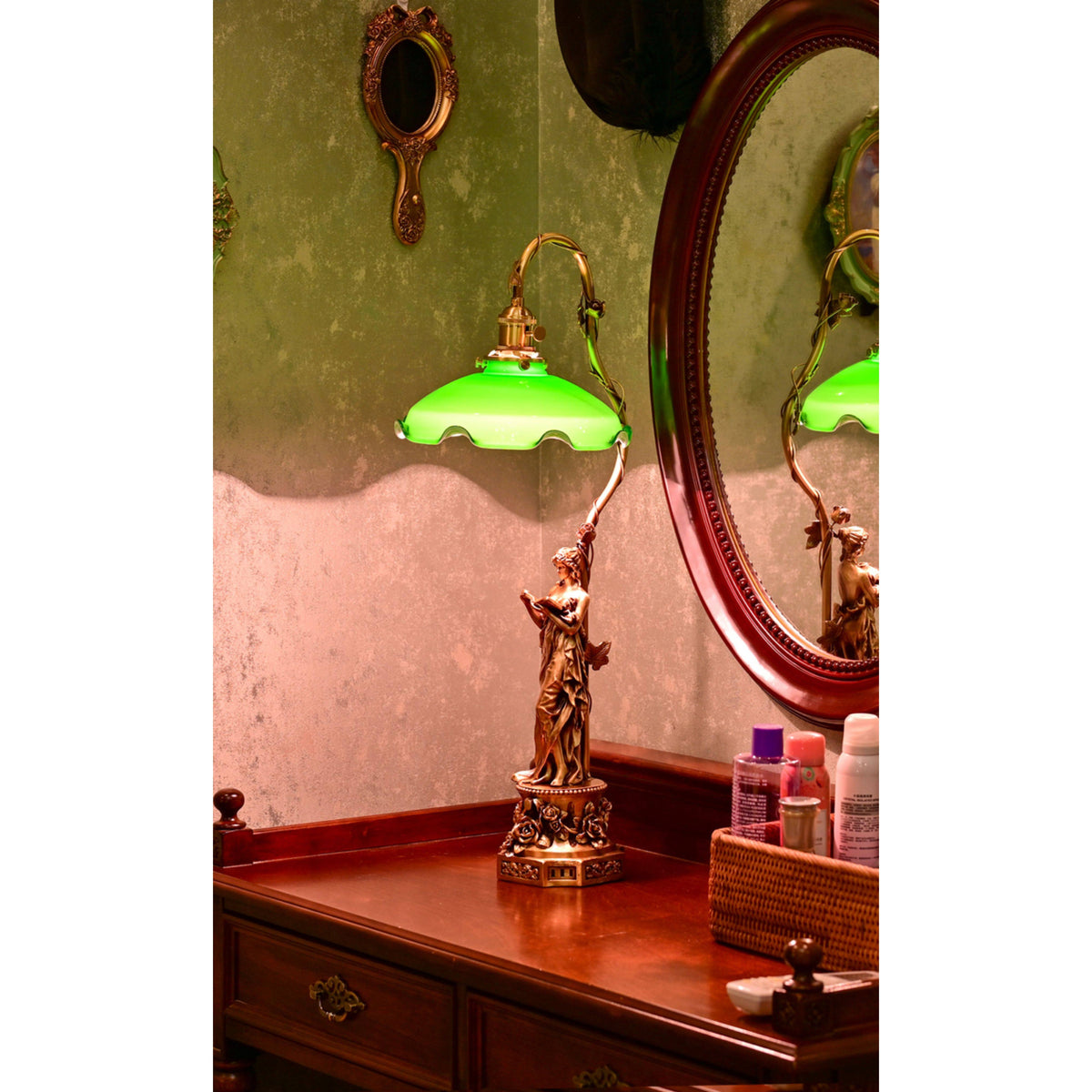 Lady Statue Glass Table Lamp - Art Nouveau Bronze Figurine & Scalloped Glass Lamp