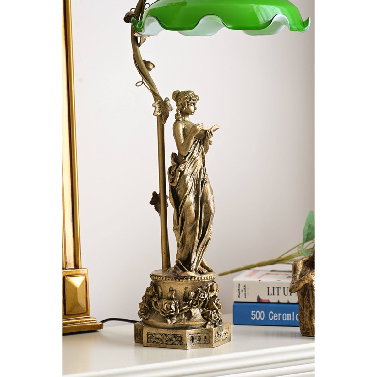 Lady Statue Glass Table Lamp - Art Nouveau Bronze Figurine & Scalloped Glass Lamp