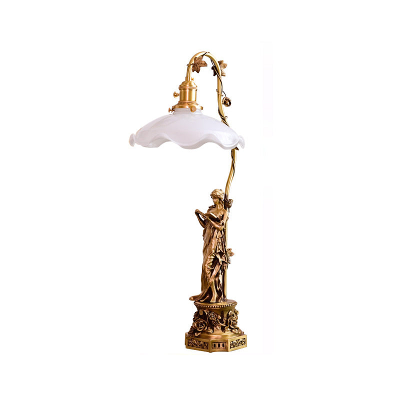 Lady Statue Glass Table Lamp - Art Nouveau Bronze Figurine & Scalloped Glass Lamp