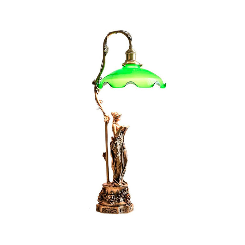 Lady Statue Glass Table Lamp - Art Nouveau Bronze Figurine & Scalloped Glass Lamp