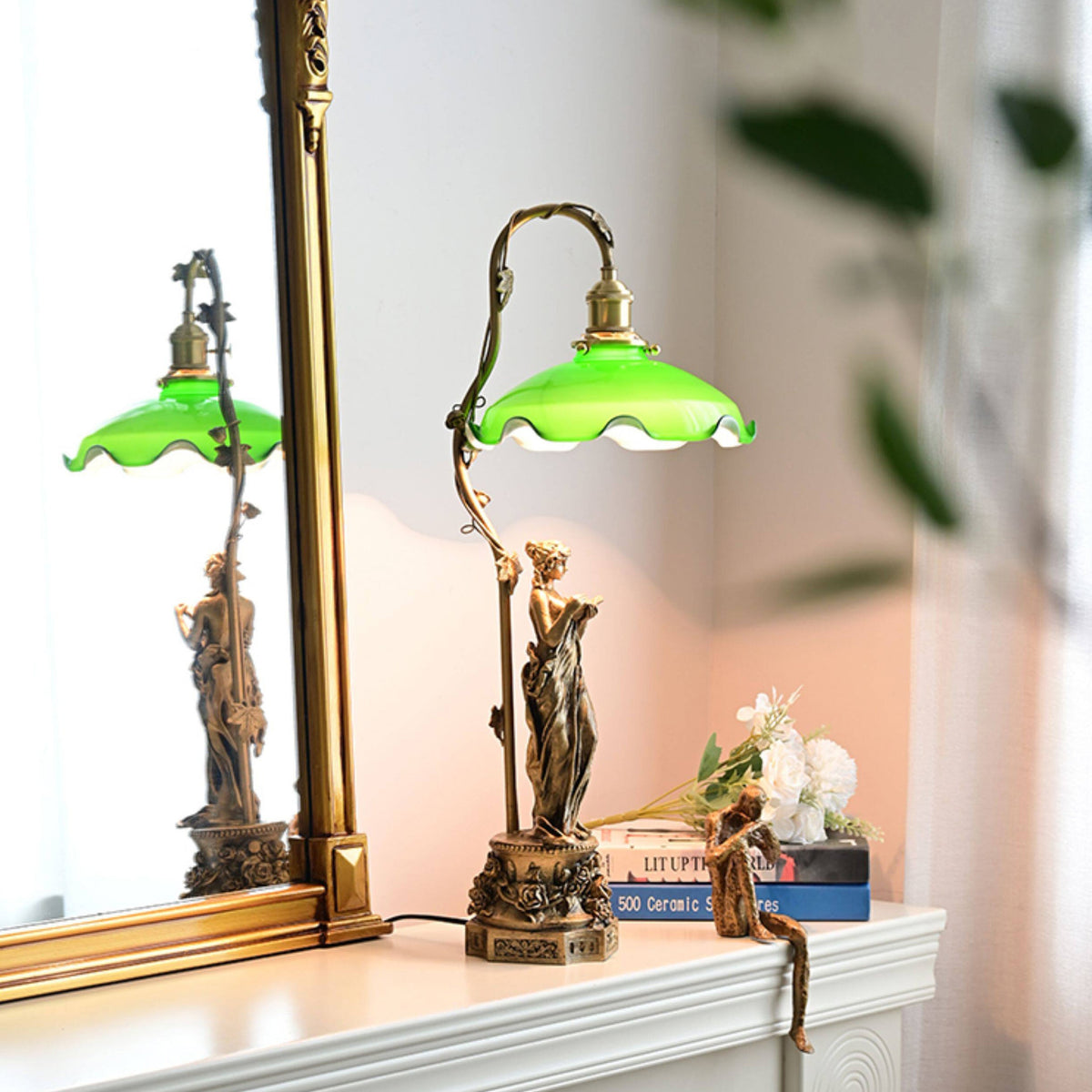 Lady Statue Glass Table Lamp - Art Nouveau Bronze Figurine & Scalloped Glass Lamp