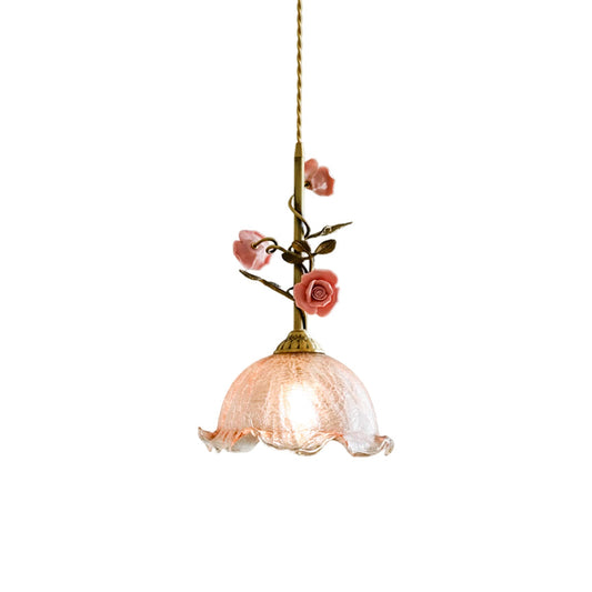 Lalique Rose Glass Pendant Lamp - Ceramic Rose & Cracked Glass Pendant
