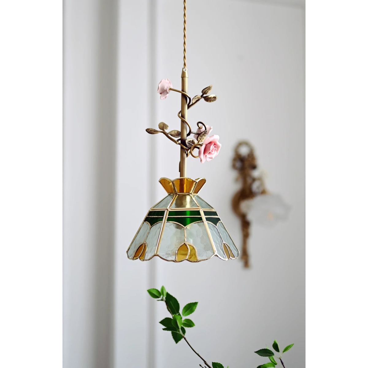 Lalique Rose Glass Pendant Lamp - Ceramic Rose & Cracked Glass Pendant