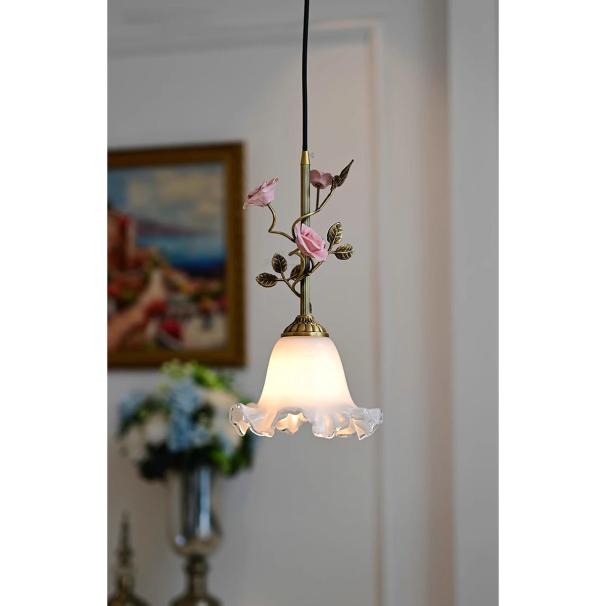 Lalique Rose Glass Pendant Lamp - Ceramic Rose & Cracked Glass Pendant