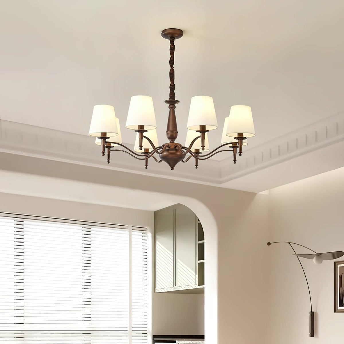Lanora Chandelier - Dark Brown Brass & Warm Beige Fabric Shade Chandelier