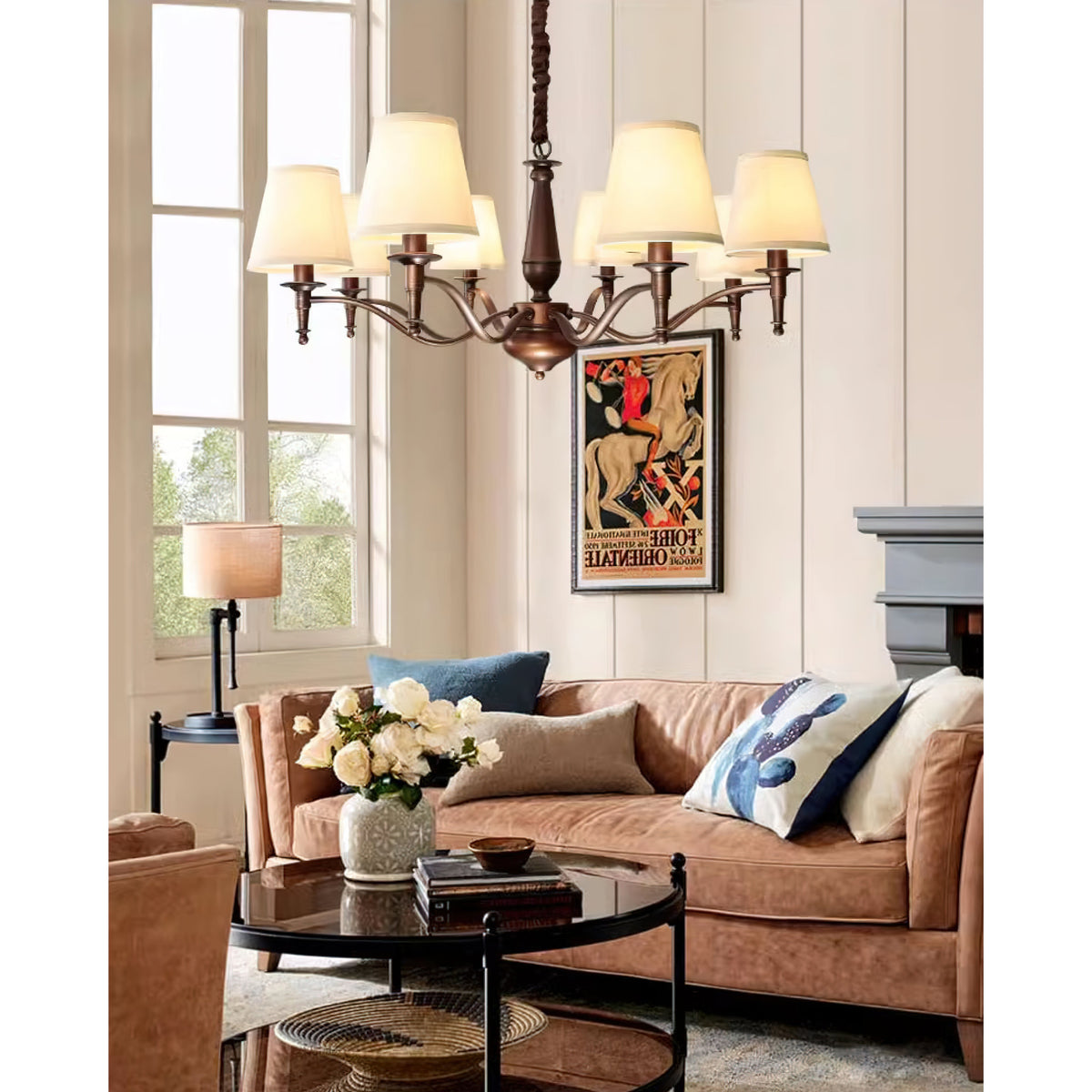 Lanora Chandelier - Dark Brown Brass & Warm Beige Fabric Shade Chandelier