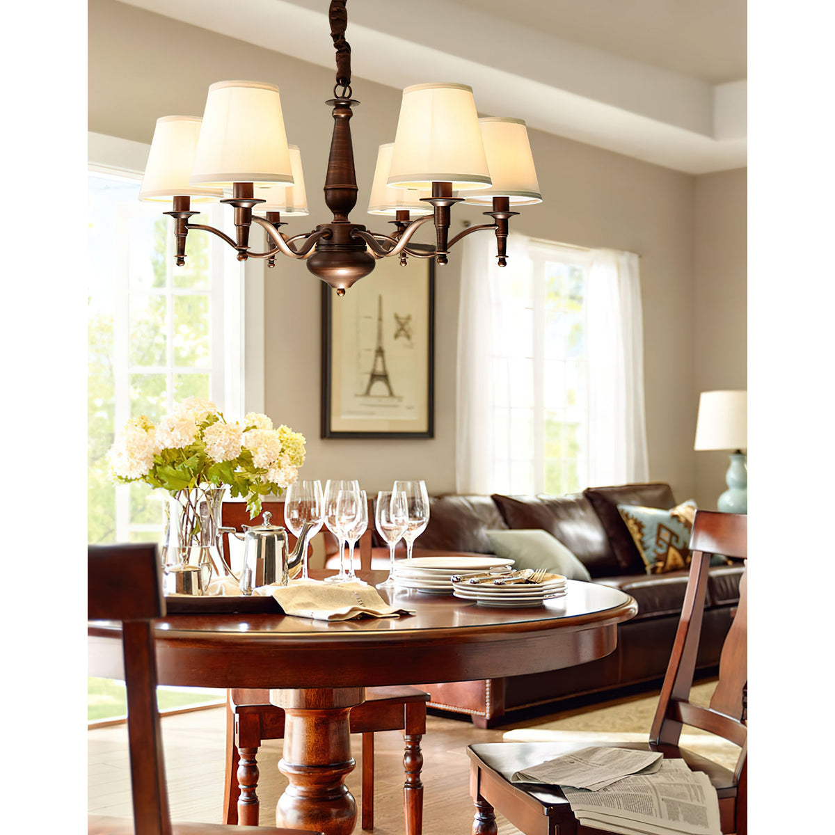 Lanora Chandelier - Dark Brown Brass & Warm Beige Fabric Shade Chandelier