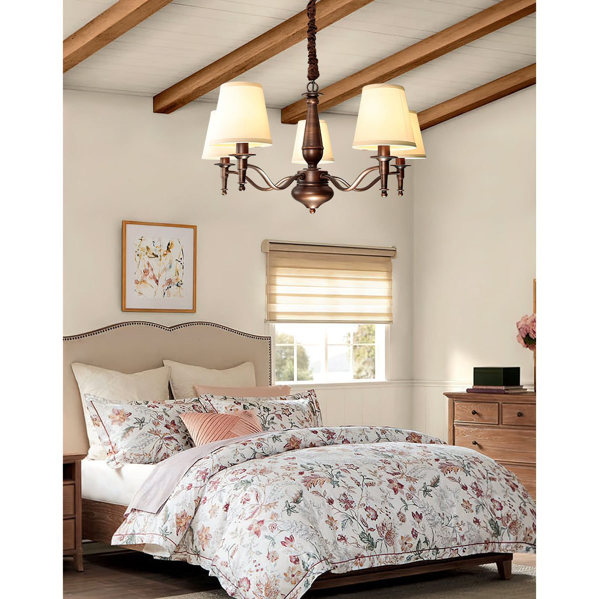 Lanora Chandelier - Dark Brown Brass & Warm Beige Fabric Shade Chandelier