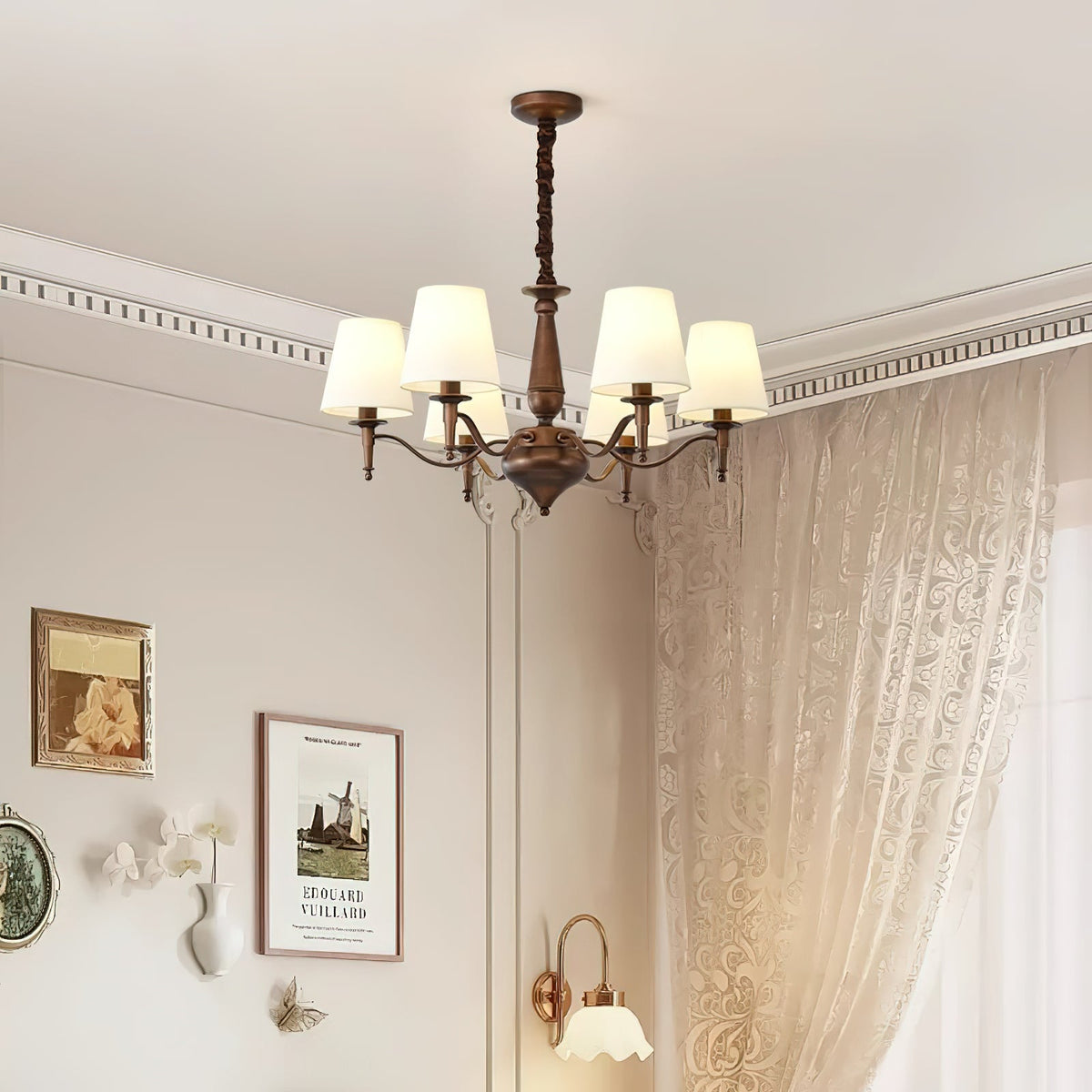 Lanora Chandelier - Dark Brown Brass & Warm Beige Fabric Shade Chandelier