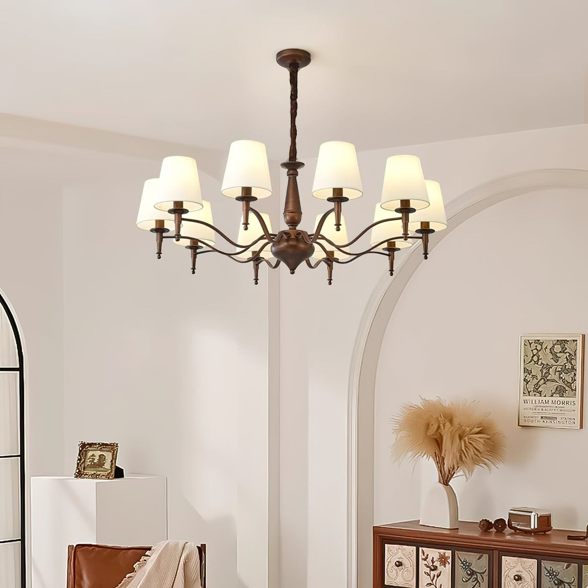 Lanora Chandelier - Dark Brown Brass & Warm Beige Fabric Shade Chandelier