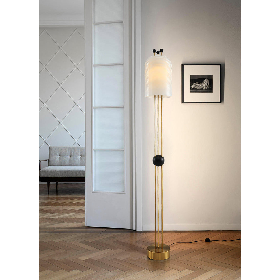 Lantern Glass Floor Lamp - Fluted Glass & Spherical Iron Column Floor Lamp