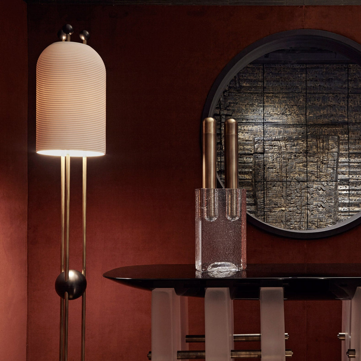 Lantern Glass Floor Lamp - Fluted Glass & Spherical Iron Column Floor Lamp