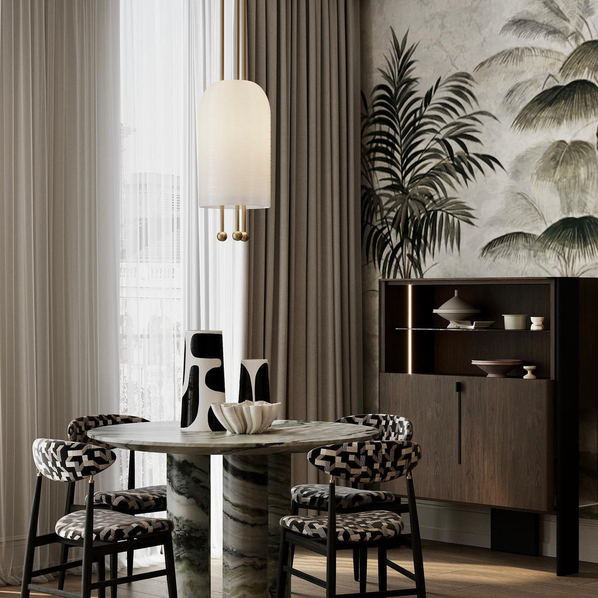 Lantern Glass Pendant Lamp - Fluted Glass & Spherical Iron Suspension Light