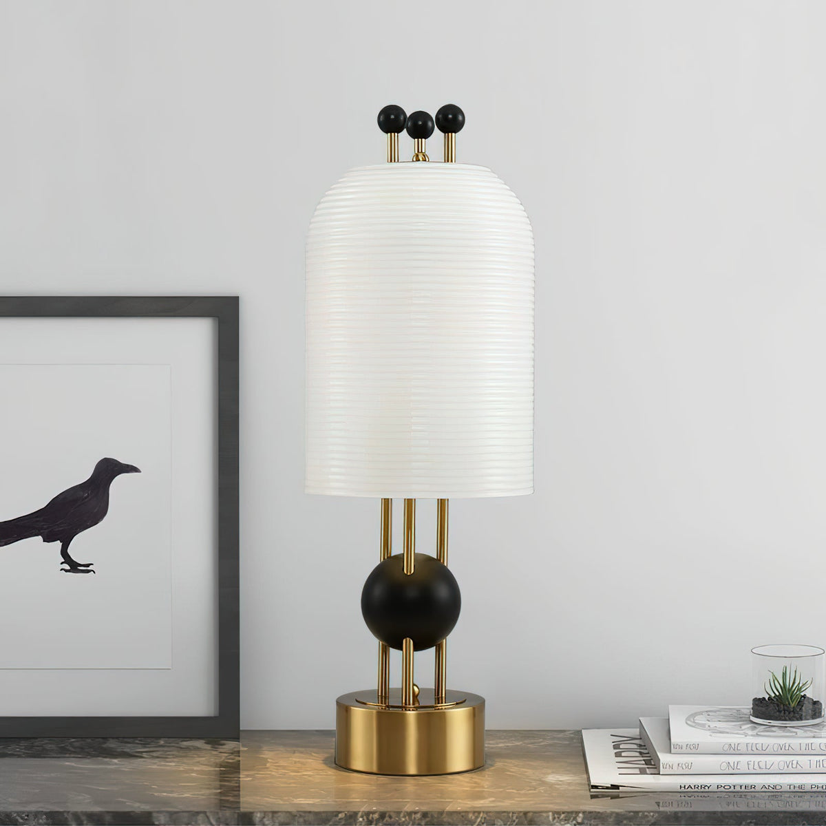 Lantern Glass Table Lamp - Incised Fluted Glass & Spherical Iron Table Lamp