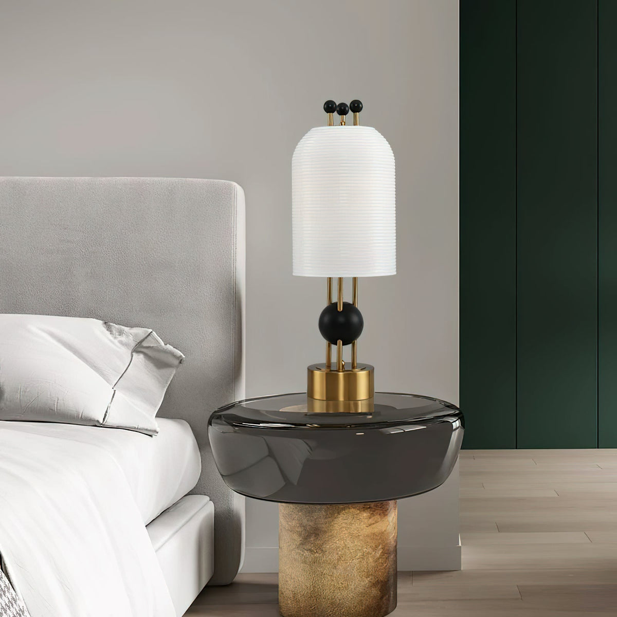 Lantern Glass Table Lamp - Incised Fluted Glass & Spherical Iron Table Lamp