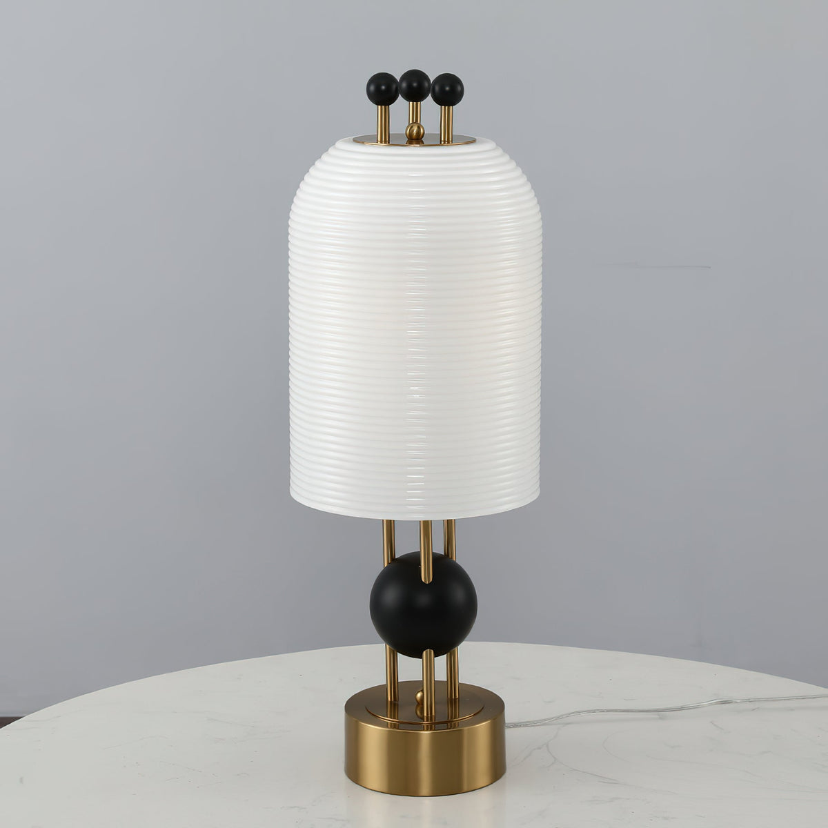 Lantern Glass Table Lamp - Incised Fluted Glass & Spherical Iron Table Lamp