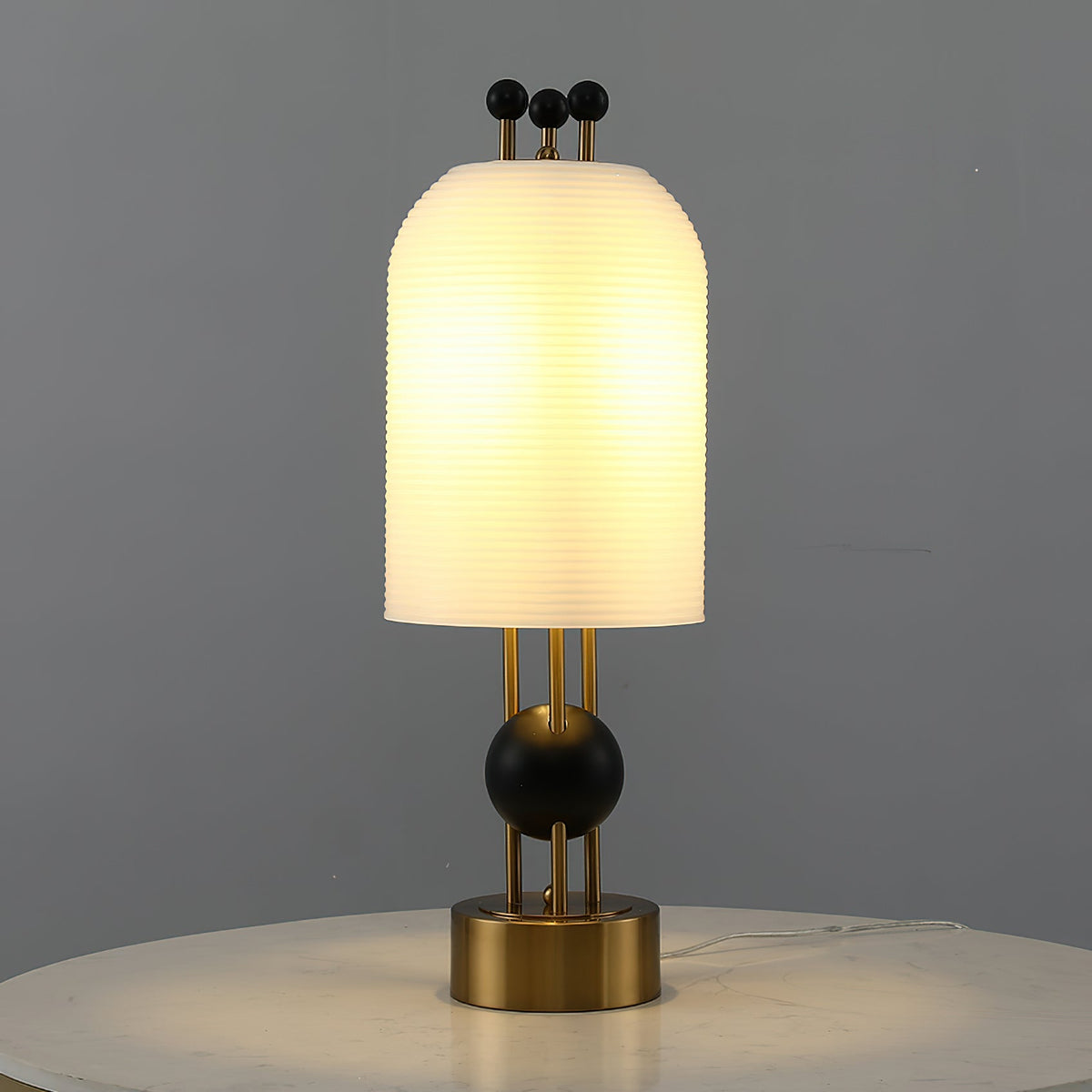 Lantern Glass Table Lamp - Incised Fluted Glass & Spherical Iron Table Lamp