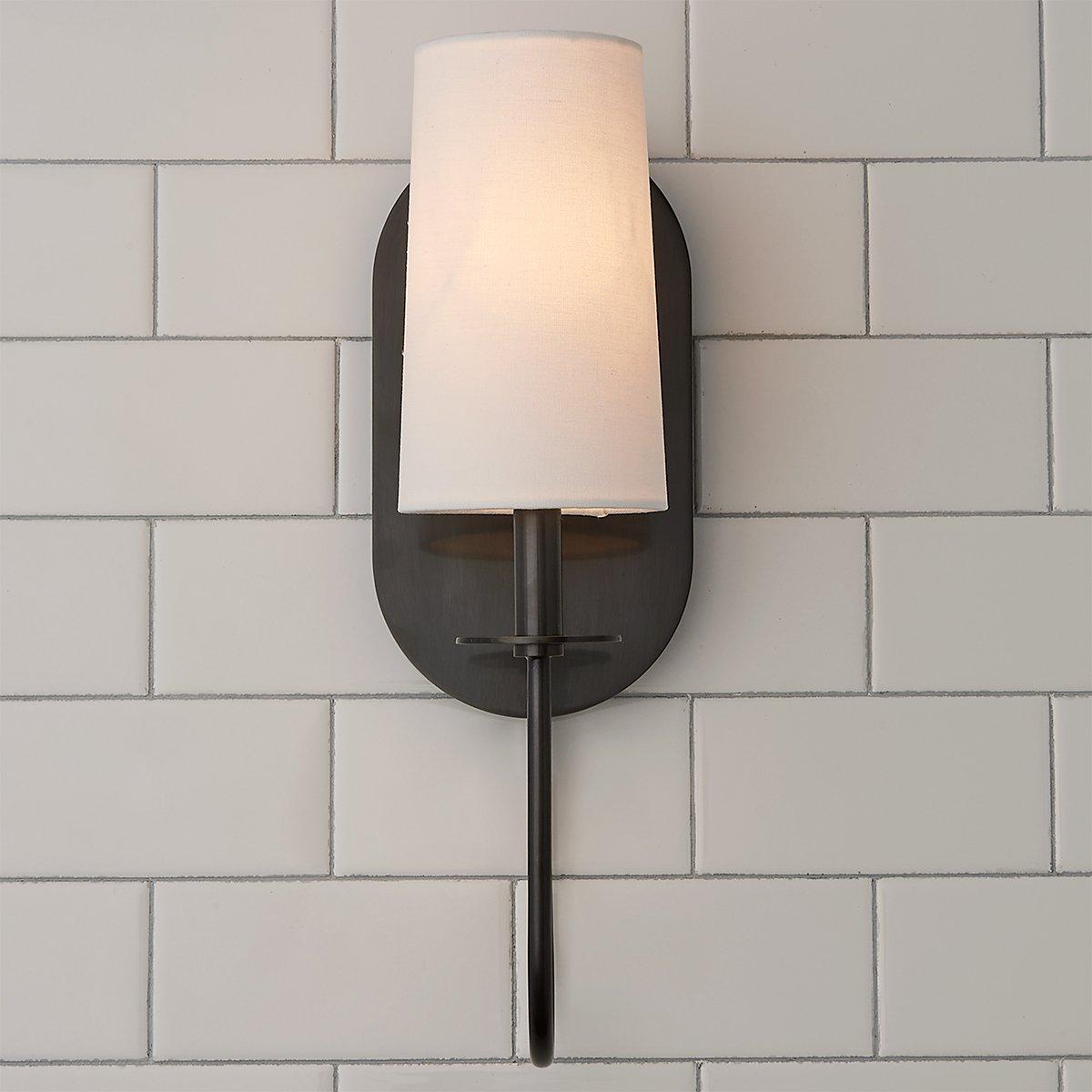 Lara Wall Lamp - Aged Brass Oval Backplate & White Linen Cylinder Sconce