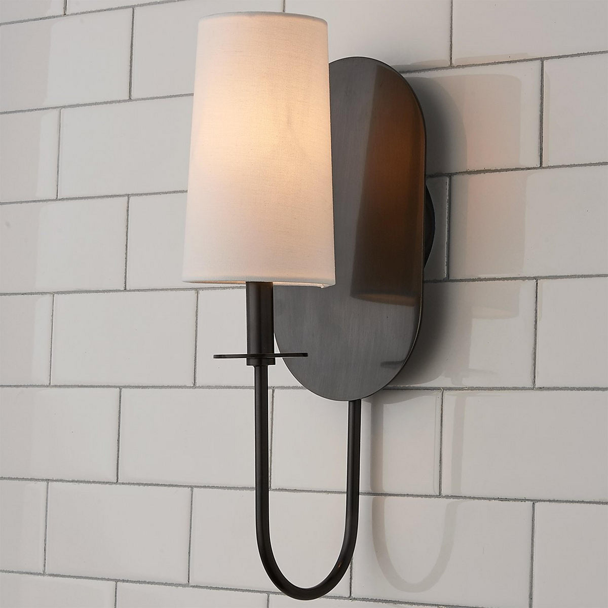 Lara Wall Lamp - Aged Brass Oval Backplate & White Linen Cylinder Sconce