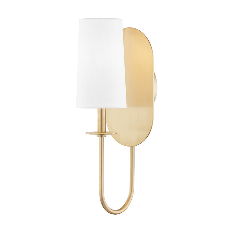 Lara Wall Lamp - Aged Brass Oval Backplate & White Linen Cylinder Sconce
