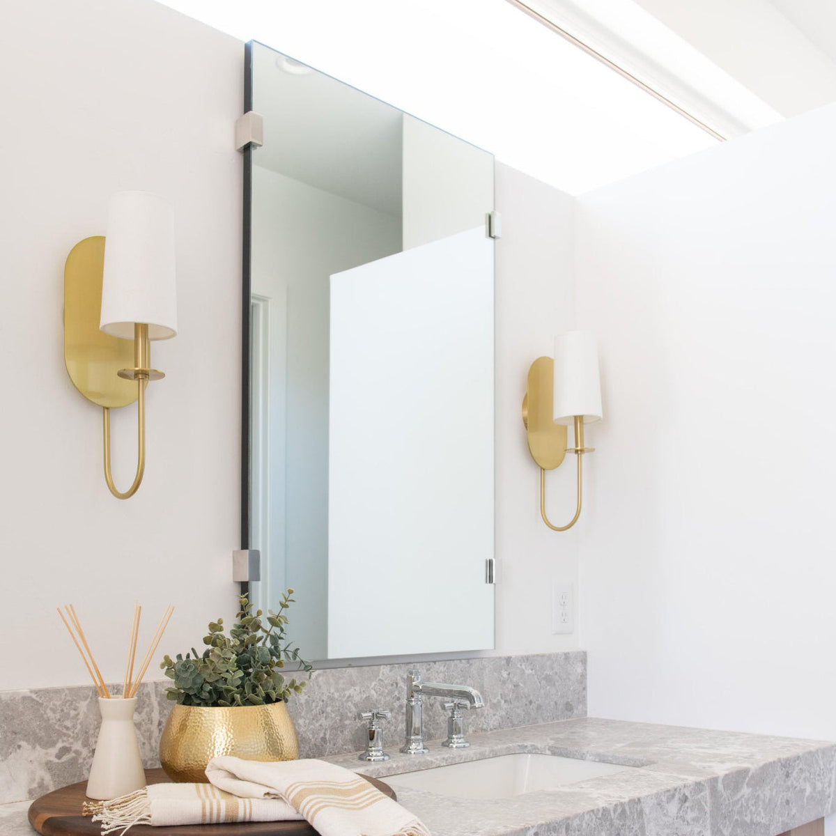 Lara Wall Lamp - Aged Brass Oval Backplate & White Linen Cylinder Sconce