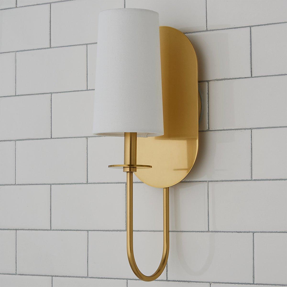 Lara Wall Lamp - Aged Brass Oval Backplate & White Linen Cylinder Sconce