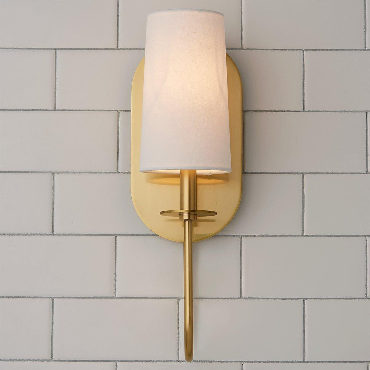 Lara Wall Lamp - Aged Brass Oval Backplate & White Linen Cylinder Sconce