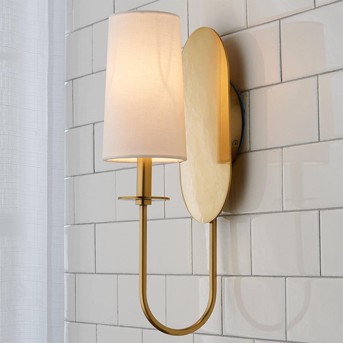 Lara Wall Lamp - Aged Brass Oval Backplate & White Linen Cylinder Sconce