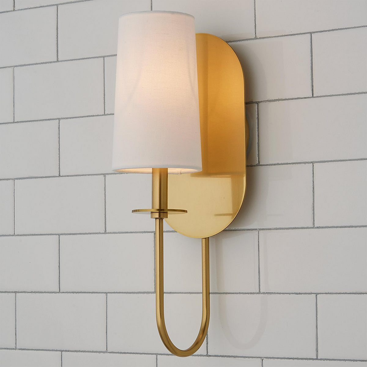 Lara Wall Lamp - Aged Brass Oval Backplate & White Linen Cylinder Sconce