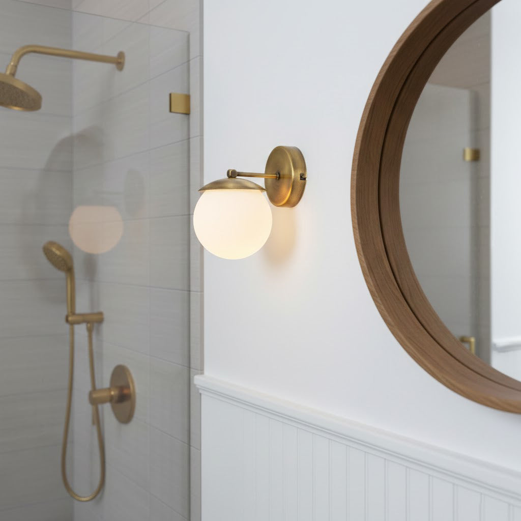 Lark Julep Wall Lamp - Architectural Brass & Opal Glass Sphere Wall Sconce