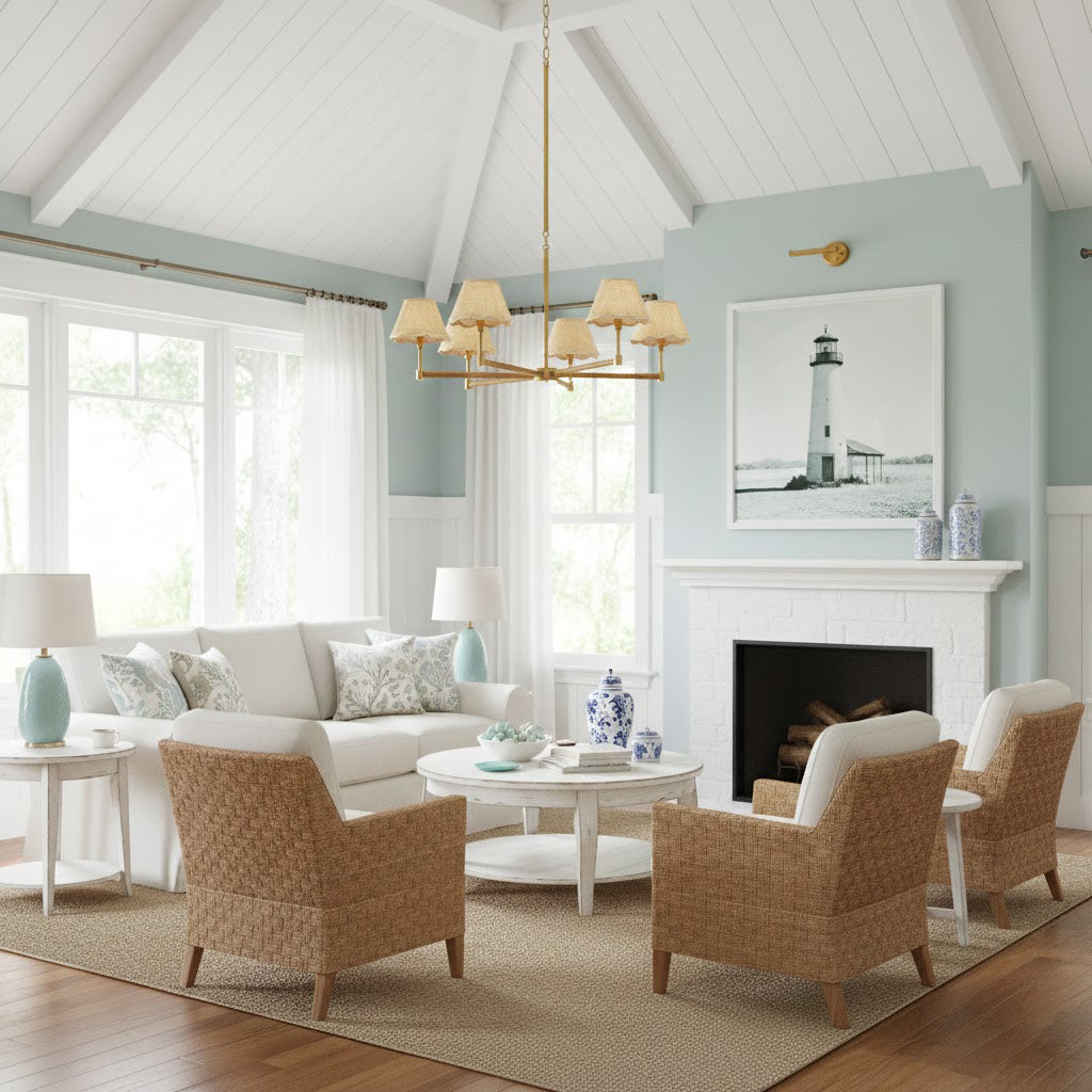 Larkspur Chandelier - Hand-Wrapped Rattan & Warm Architectural Brass Chandelier