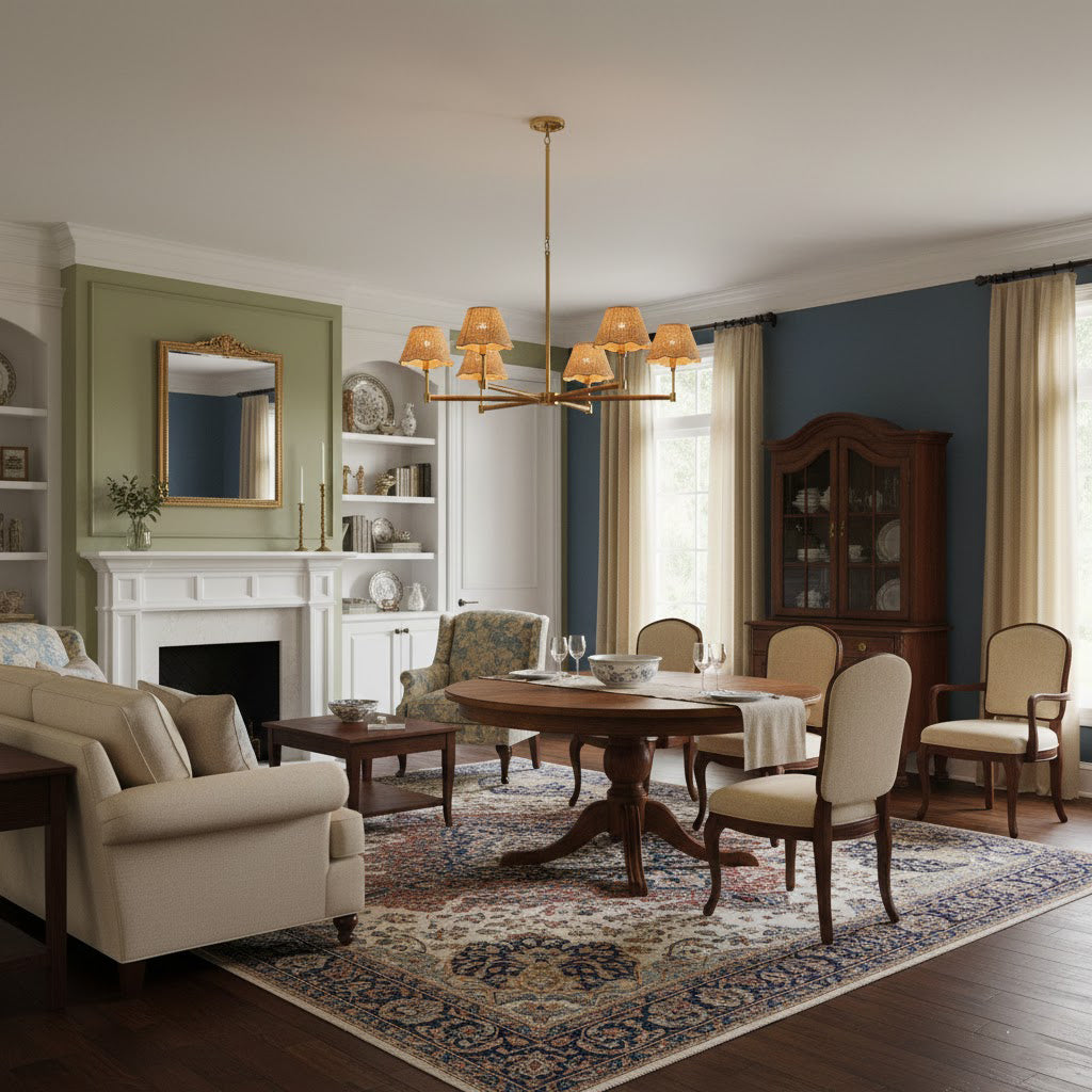 Larkspur Chandelier - Hand-Wrapped Rattan & Warm Architectural Brass Chandelier