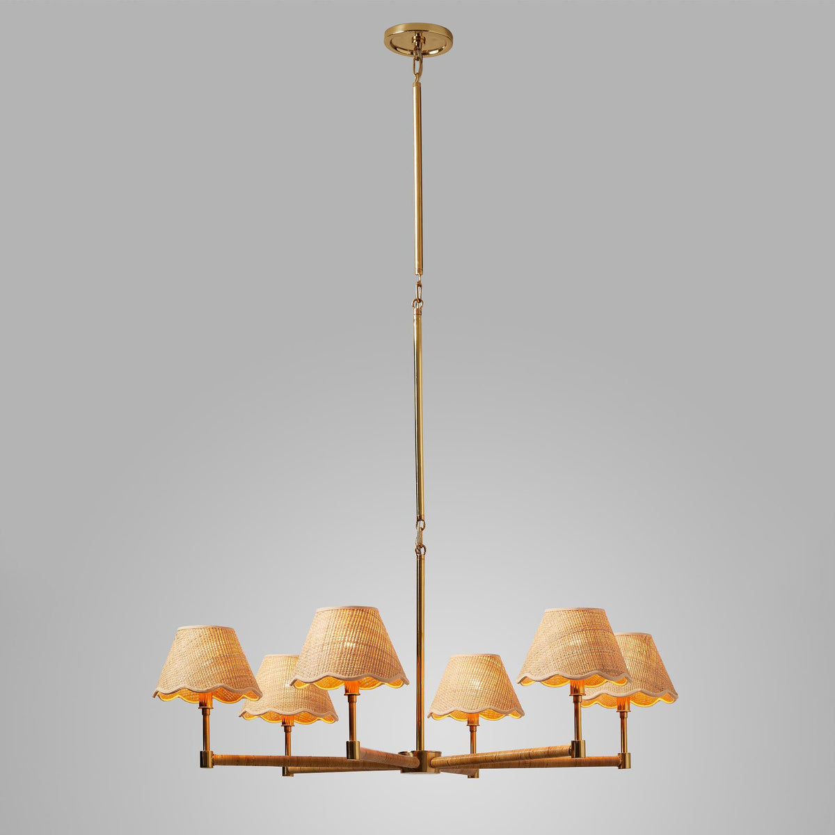 Larkspur Chandelier - Hand-Wrapped Rattan & Warm Architectural Brass Chandelier