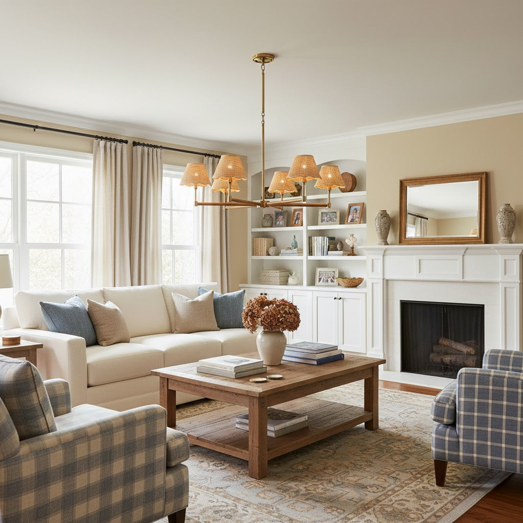 Larkspur Chandelier - Hand-Wrapped Rattan & Warm Architectural Brass Chandelier