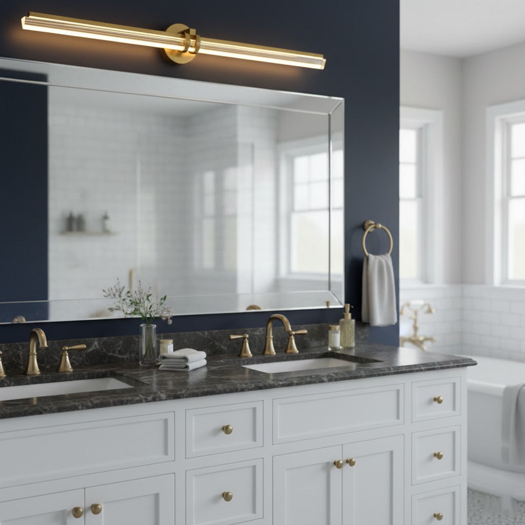 Leigh Mirror Vanity Wall Lamp - Linear Architectural Brass & Glass LED Sconce