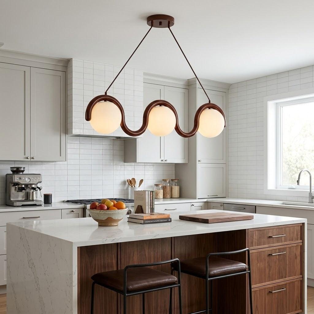 Lenox Linear Ball Pendant Lamp - Curved Brass Tube & Glass Globe Linear Pendant