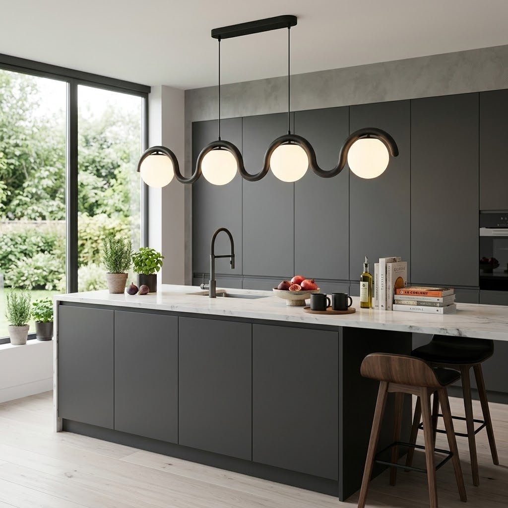Lenox Linear Ball Pendant Lamp - Curved Brass Tube & Glass Globe Linear Pendant