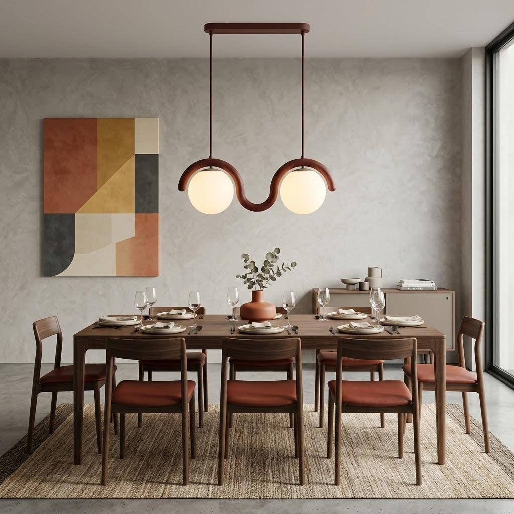 Lenox Linear Ball Pendant Lamp - Curved Brass Tube & Glass Globe Linear Pendant
