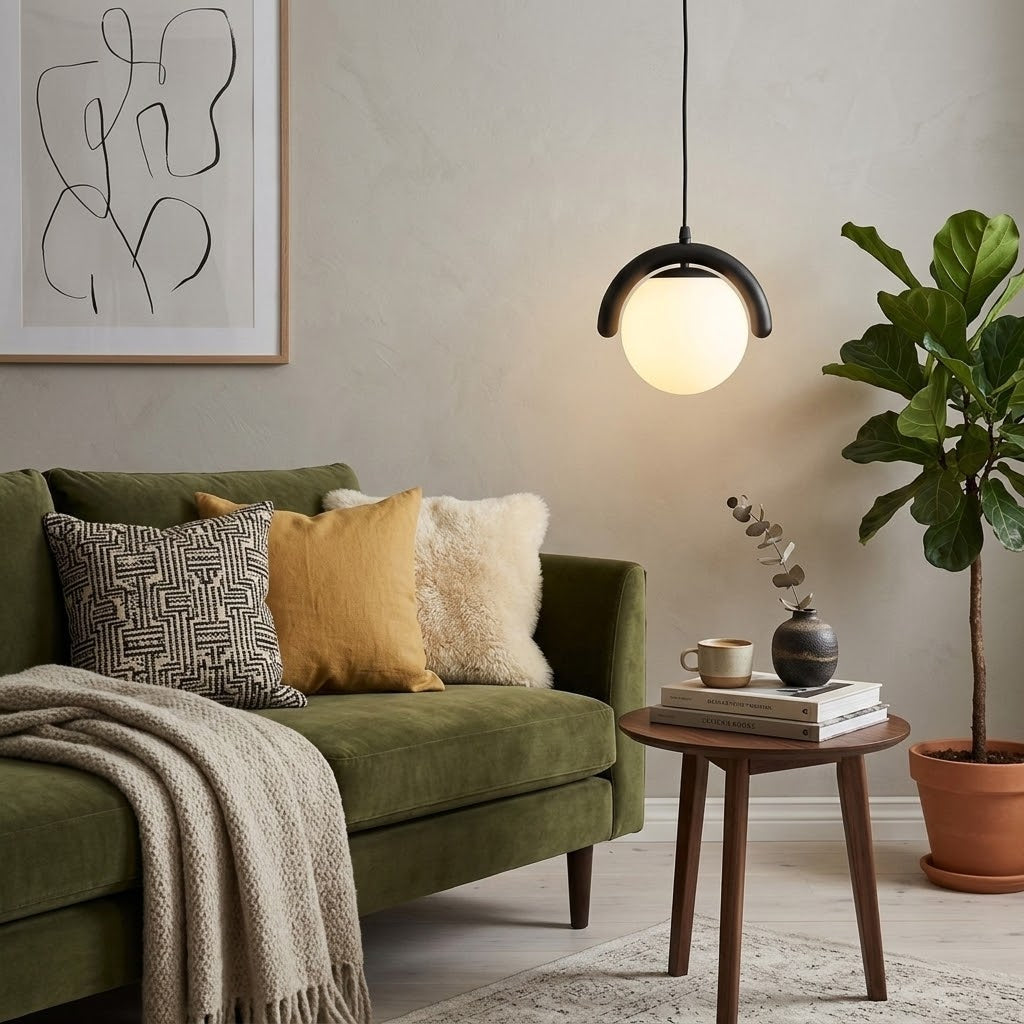Lenox Linear Ball Pendant Lamp - Curved Brass Tube & Glass Globe Linear Pendant