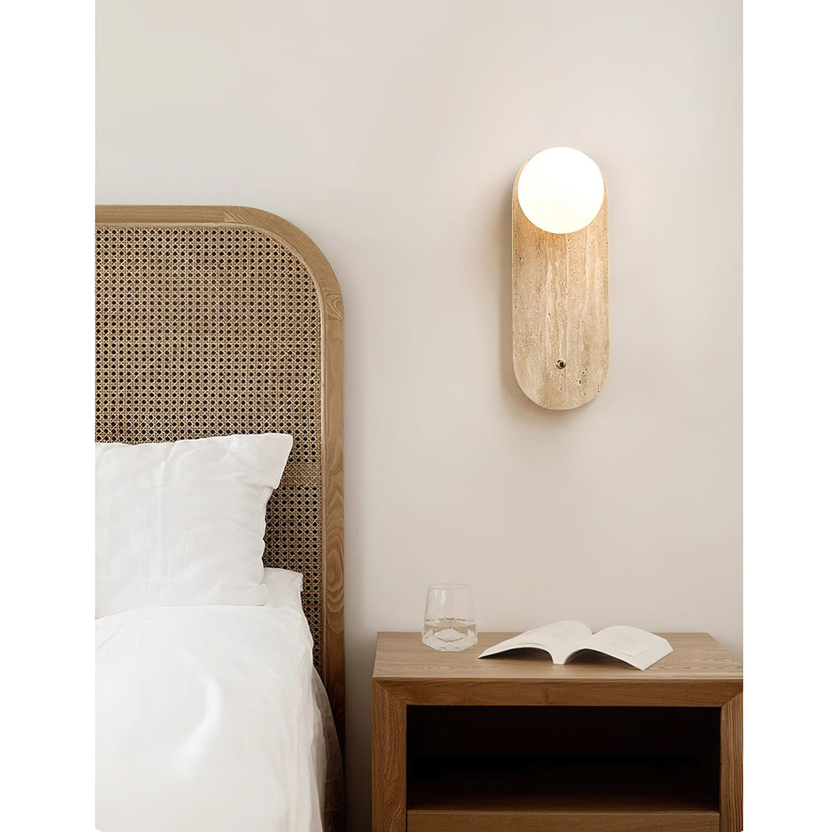 Lia Travertine Wall Lamp - Carved Beige Travertine & Opal Glass Sconce