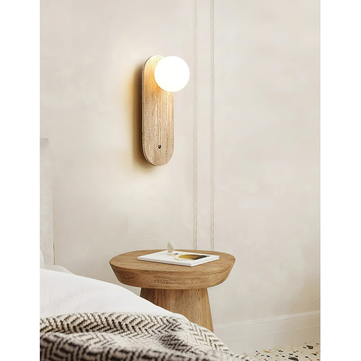 Lia Travertine Wall Lamp - Carved Beige Travertine & Opal Glass Sconce