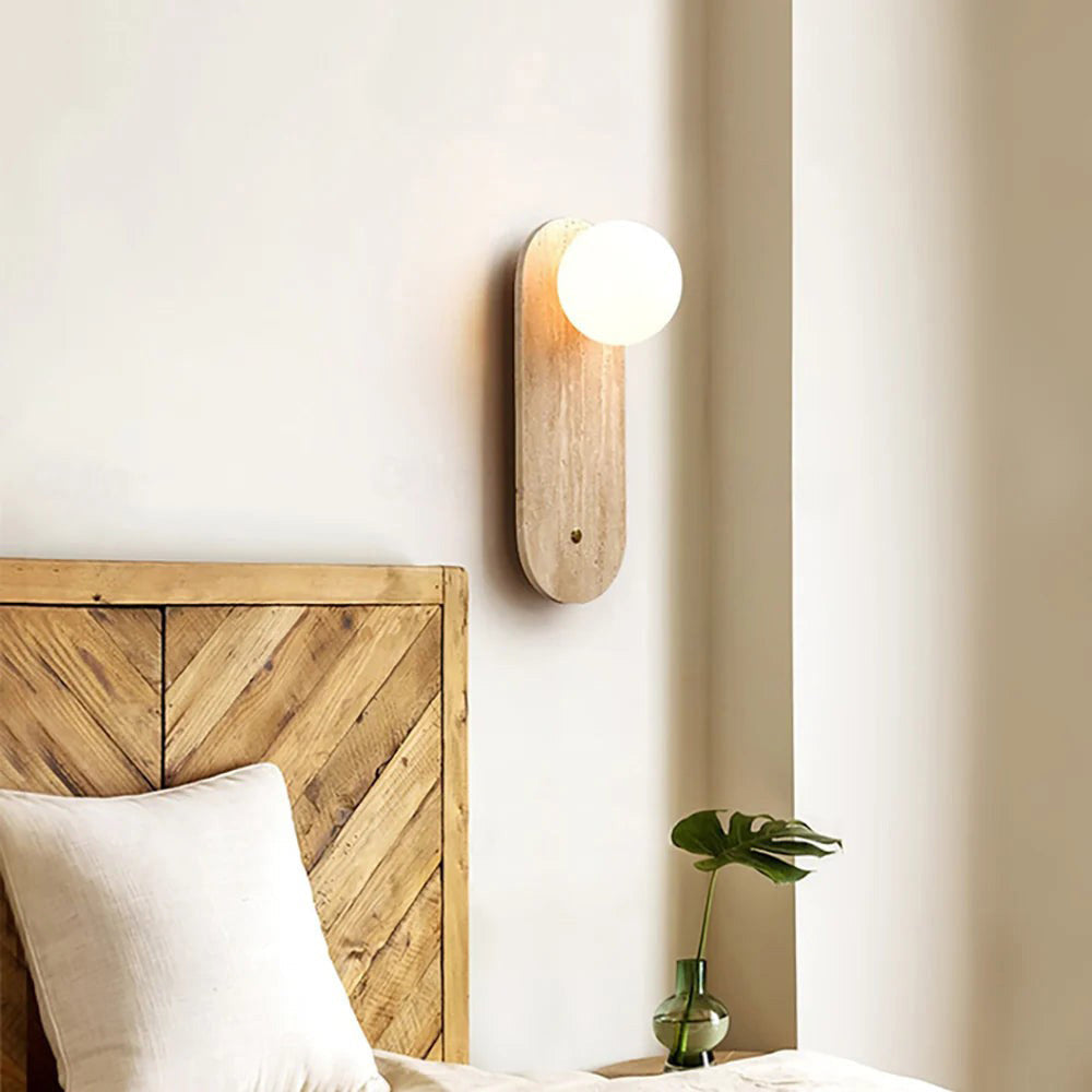 Lia Travertine Wall Lamp - Carved Beige Travertine & Opal Glass Sconce