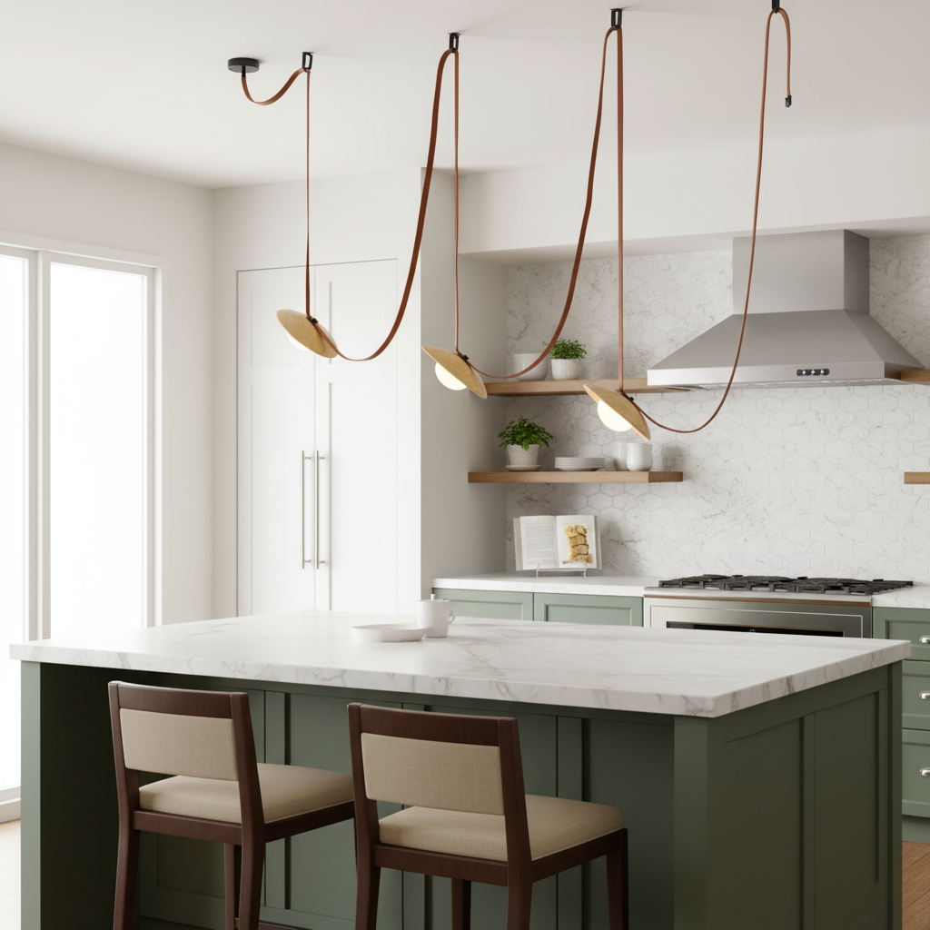 Light Rail Leather Pendant Lamp - Travertine & Stitched Leather Linear Pendant