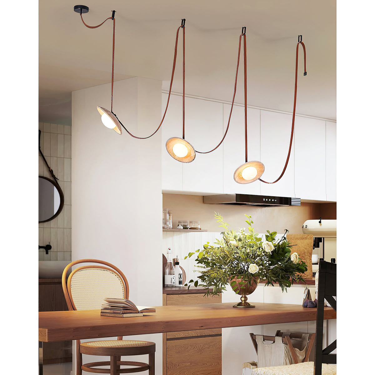 Light Rail Leather Pendant Lamp - Travertine & Stitched Leather Linear Pendant