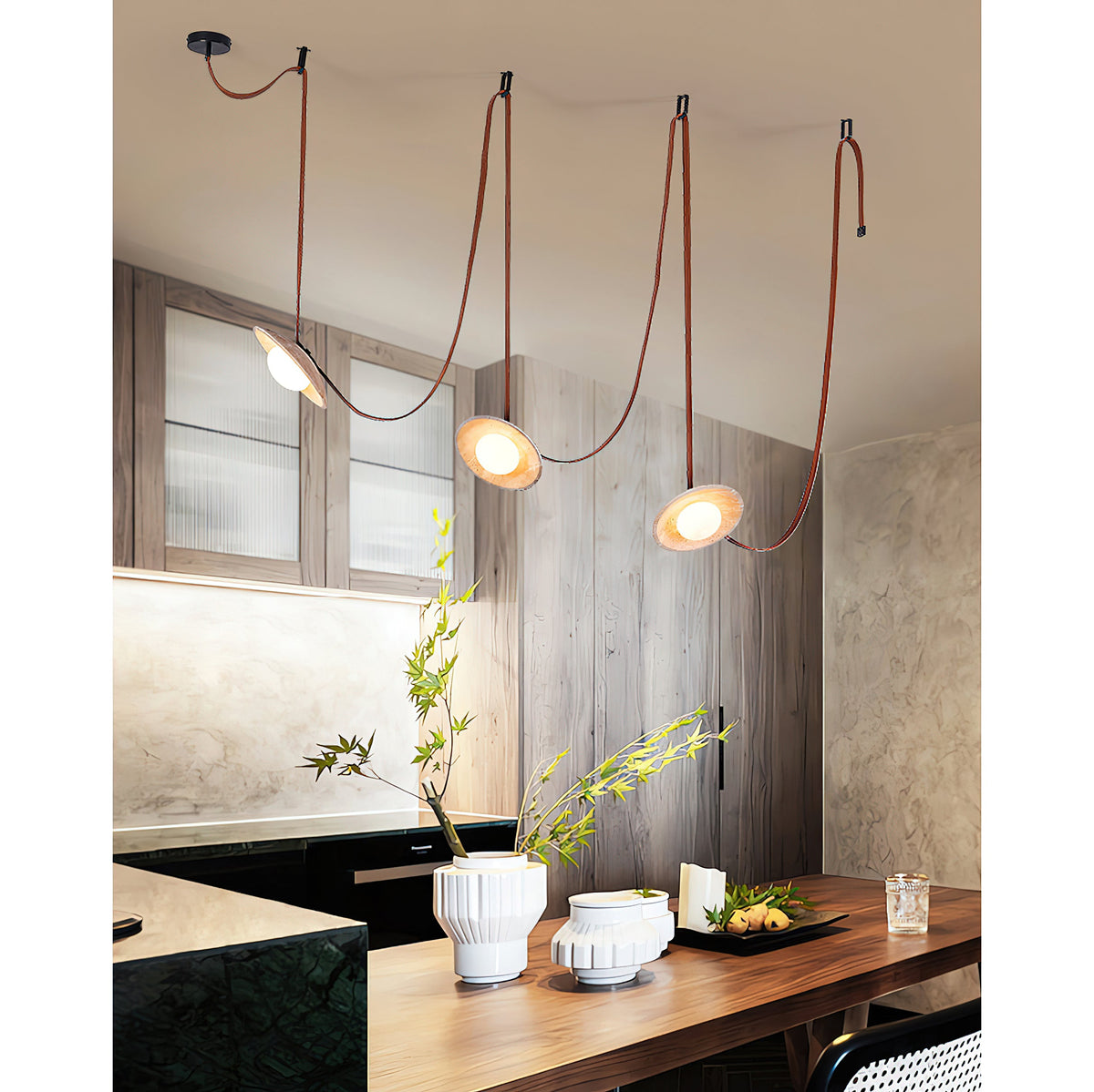 Light Rail Leather Pendant Lamp - Travertine & Stitched Leather Linear Pendant