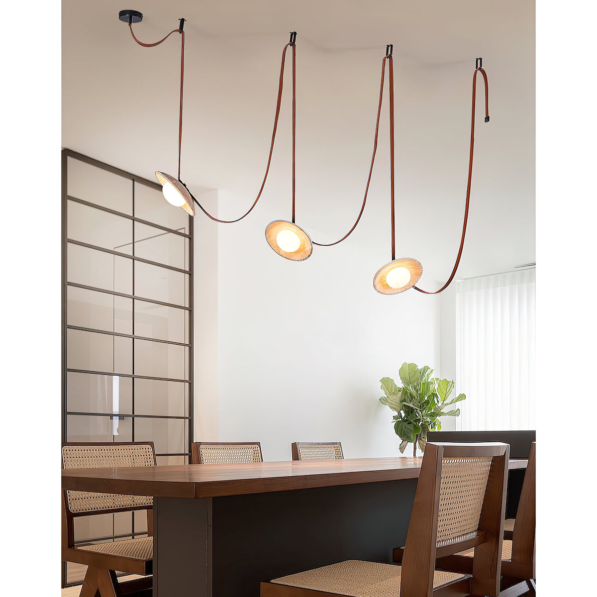 Light Rail Leather Pendant Lamp - Travertine & Stitched Leather Linear Pendant