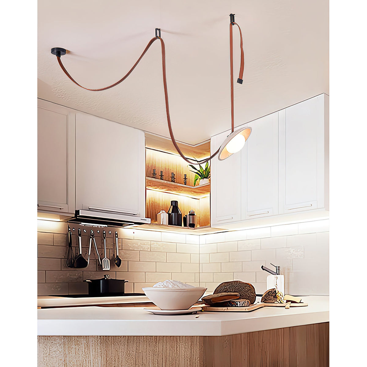 Light Rail Leather Pendant Lamp - Travertine & Stitched Leather Linear Pendant