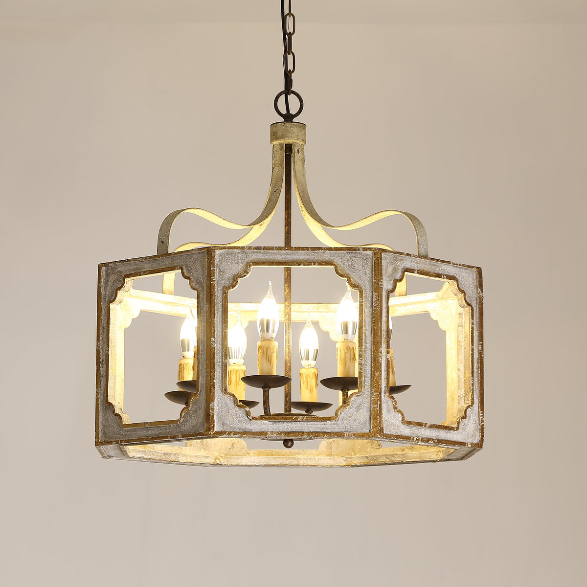 Lightelk Country Pendant Lamp - Distressed Wood & Rust Iron 8-Light Chandelier