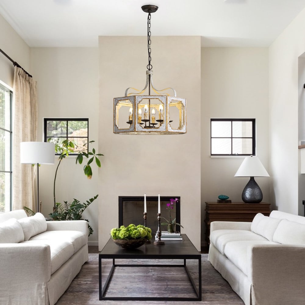 Lightelk Country Pendant Lamp - Distressed Wood & Rust Iron 8-Light Chandelier