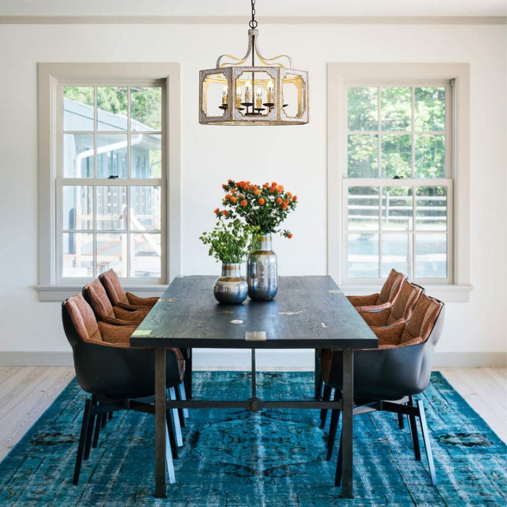 Lightelk Country Pendant Lamp - Distressed Wood & Rust Iron 8-Light Chandelier